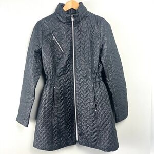 Laundry Shelli Segal Quilted Chevron Jacket Black Leopard Lining Size M Casual